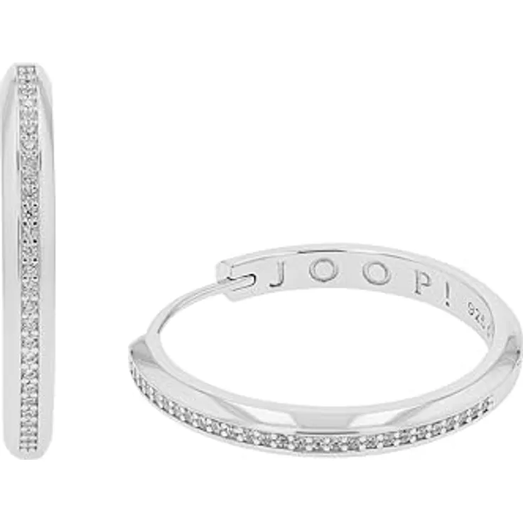 JOOP! Creolen 925 Sterling Silber Damen Ohrschmuck mit Rhodium-Beschichtung und 54 Zirkonia-Steinen, 28 mm, Weiß, in Schmuck Geschenk Box, 2039694