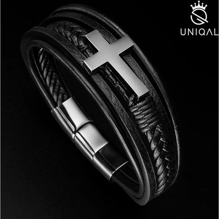 UNIQAL Kreuz Lederarmband Herren „HEAVEN“ | Echtleder Armband mit Kreuz, schwarzes Cross Bracelet, verstellbarer Magnetverschluss, Geschenkbox inklusive, 19 cm + Verlängerung – Bild 5