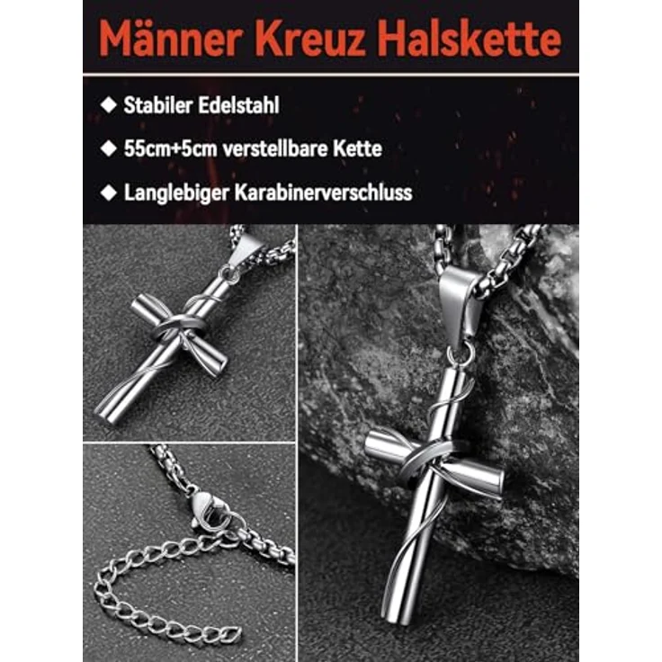 FaithHeart Kreuz Kette Herren Halskette 55 cm, Edelstahl venezianisch, wasserdicht, hypoallergen, silber – Bild 2