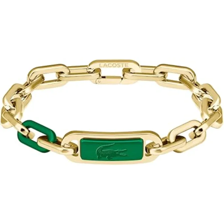 Lacoste Herren Gliederarmband CREW, Edelstahl mit gravierter Plakette in grün, Silber oder Gold, 190 mm