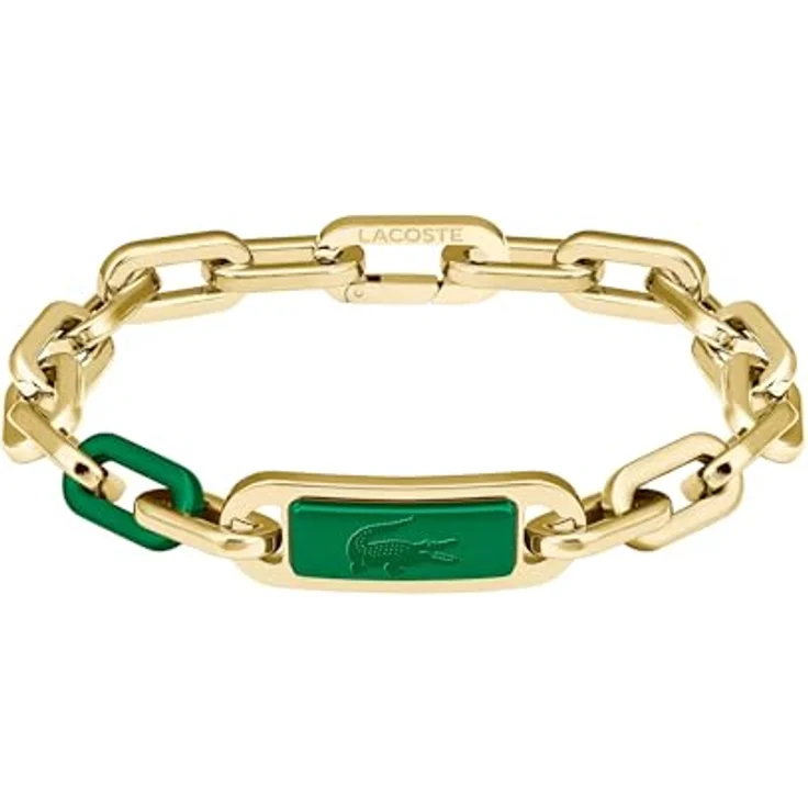 Lacoste Herren Gliederarmband CREW, Edelstahl mit gravierter Plakette in grün, Silber oder Gold, 190 mm