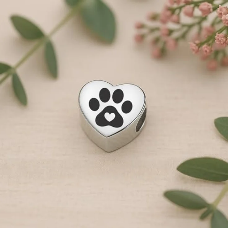 2Burned Personalisiert Schmuck Foto Charm Herzen, Edelstahl 316, kompatibel mit Pandora Armband und Kette, Hunde-, Katzenpfote mit Herz, 1,2 x 1,2 cm – Bild 2