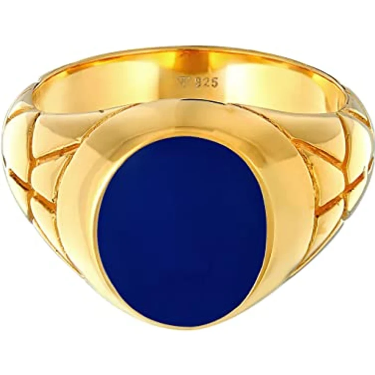 Kuzzoi Siegelring Herrenring oval Emaille blau, 13 mm breit aus 925 Sterling Silber vergoldet, Ringgröße 66 – Bild 2
