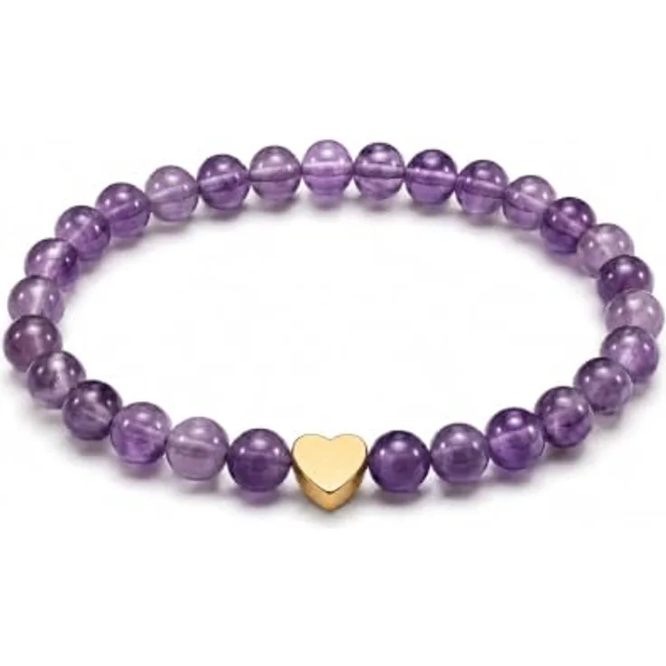 GD GOOD.designs Edelstein Amethyst Armband mit 18K vergoldetem Edelstahl Herz, elastisch 15–19 cm, inkl. Schmuckbeutel, wasserfest, 6 mm Naturstein Perlen