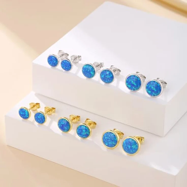 Jiahanzb Opal Ohrringe 925 Sterling Silber Runde Ohrstecker, blaue hypoallergene Stecker, 8 mm vergoldet – Bild 3
