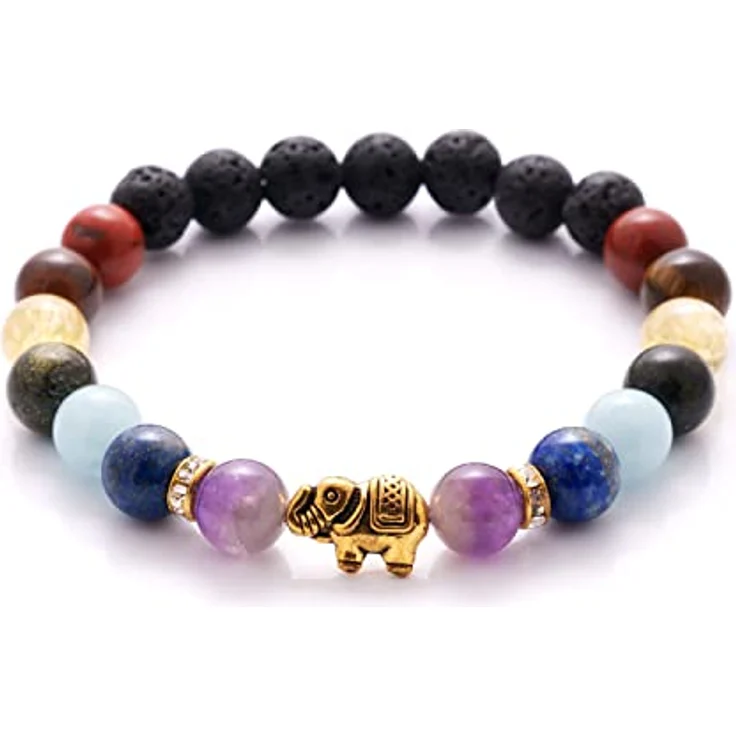 BERGERLIN 7 Chakren Armband aus 8mm Naturstein und Lavastein, mit Elefant, Größe M-L, handgemacht, geprüft, Patina Look – Bild 1
