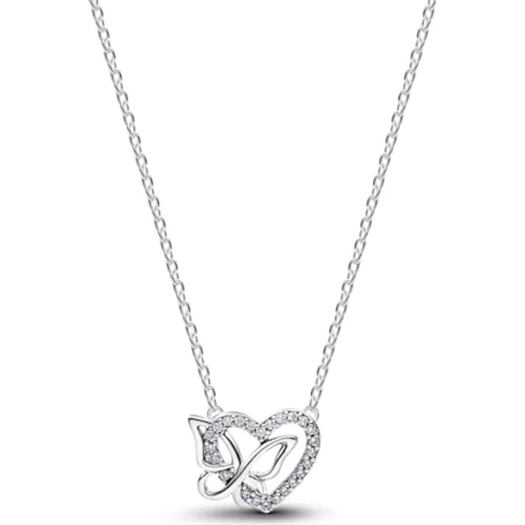 PANDORA Moments Halskette Herz Schmetterling Anhänger, 925 Sterling Silber mit Cubic Zirkonia, filigran offenes Design, Länge 45 cm
