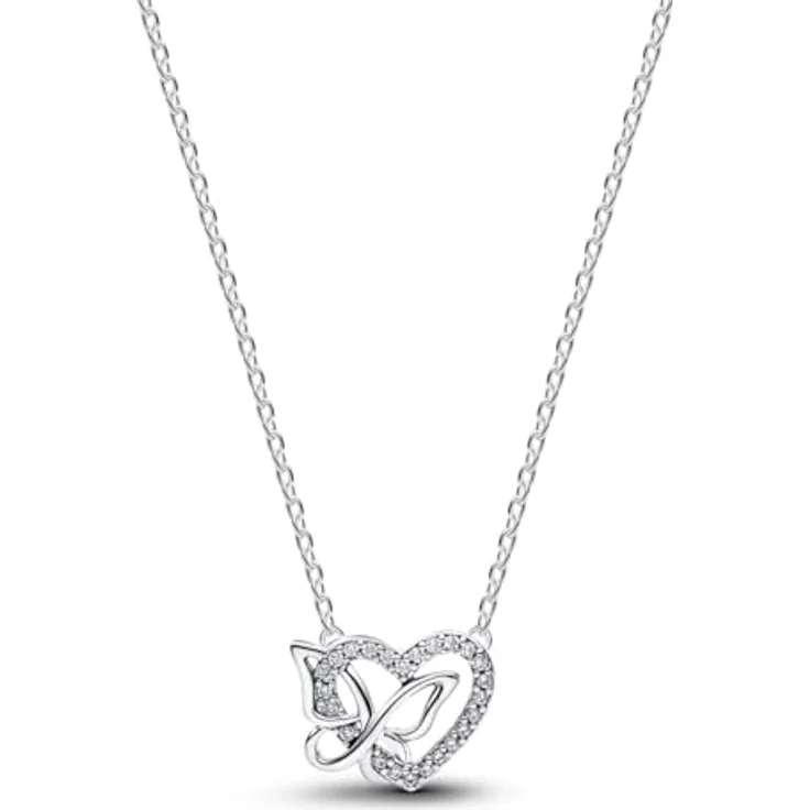 PANDORA Moments Halskette Herz Schmetterling Anhänger, 925 Sterling Silber mit Cubic Zirkonia, filigran offenes Design, Länge 45 cm – Bild 1