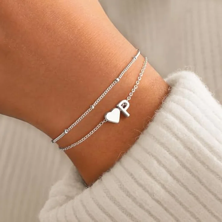 TINGN Herz Armband Damen Silber, 14K Weißgold Vergoldet, Layered Design mit Buchstaben P Charm, Verstellbare Armkette für Mädchen und Teenager, Geschenkidee für 7-12 Jahre – Bild 2
