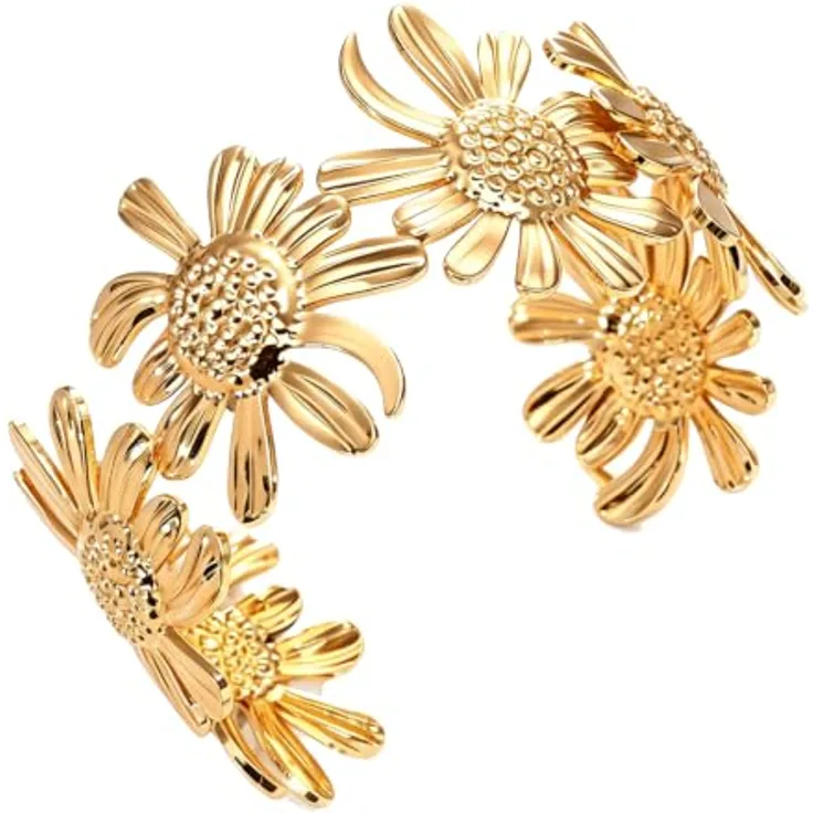 FOSLXIN Gold Armreif Damen, Chunky Edelstahl Armband mit Blumen Vintage Design, verstellbar, hypoallergen, Gold B