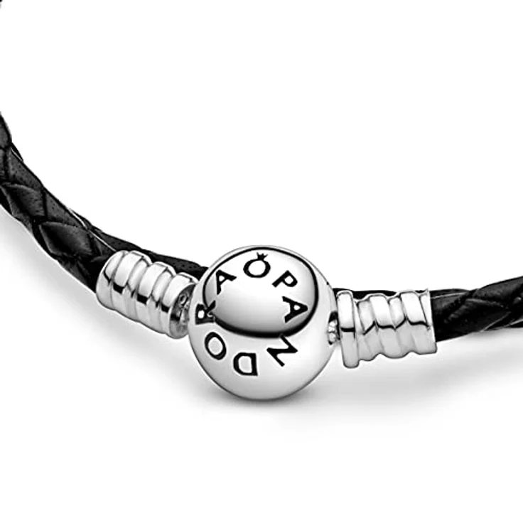 PANDORA Moments doppeltes schwarzes Lederarmband mit geprägtem Kugelverschluss aus Sterling-Silber, vielseitig kombinierbar, Größe: 41 cm – Bild 4