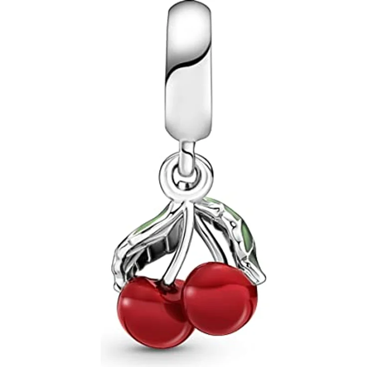 PANDORA Moments Asymmetrische Kirsche Charm-Anhänger aus Sterling-Silber mit transparenten grünen Blättern, kompatibel mit Moments Armbändern, 791583C01 – Bild 2