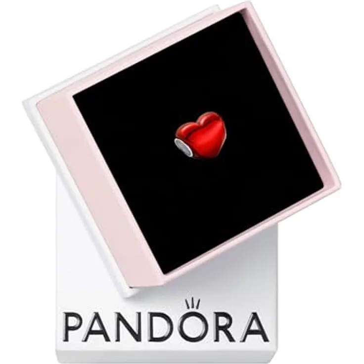 PANDORA Moments Rotes Metallic-Herz Charm aus Sterling Silber, handveredelt mit transparenter roter Emaille, kompatibel mit Moments Armbändern, 793337C02