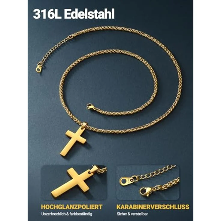PROSTEEL Edelstahl Kreuz Kette, Halskette mit großem Kreuz-Anhänger 43mm*20mm, Silber/Gold/Schwarz/Roségold, 50cm/55cm verstellbar – Bild 2