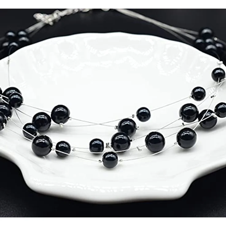 FULU AUTUMN Boho Perlenkette Damen Silber Statement Kette, mehrreihig, 17 Zoll (Black) – Bild 5