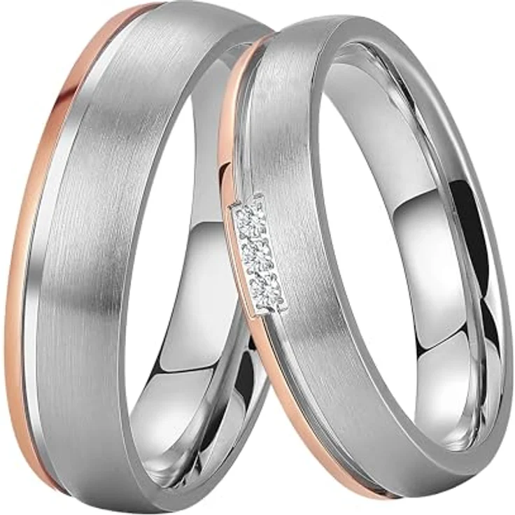DOOSTI Paar Ringe Bicolor Silber Rosegold, Edelstahl Ehering Trauring Freundschaftsring mit/ohne Zirkonia für Damen und Herren (Herrenring, 70) – Bild 1