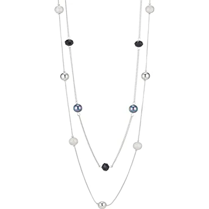 FULU AUTUMN Statement Kette, Lange Perlenkette in Silber, Zwei Strang, Anpassbare Längen 39-43 Zoll, Damen Modeschmuck, Geburtstagsgeschenk, Schwarz