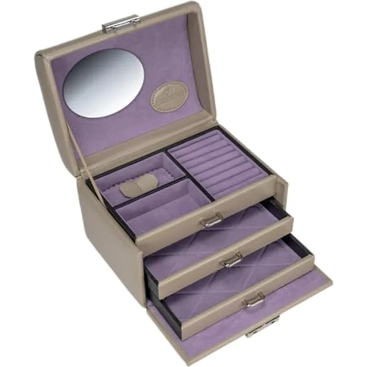 Windrose kleiner Schmuckkoffer Merino Moda, beige-legacy, handgefertigt aus edler Lederoptik mit optimaler Organisation – Bild 4