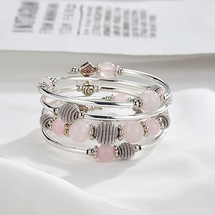 Bulinlin Silber Wickelarmband mit Naturstein Perlen, Boho Mehrschichtiges Damen Armband in Rosa Kristall, perfektes Geburtstags Modegeschenk – Bild 3