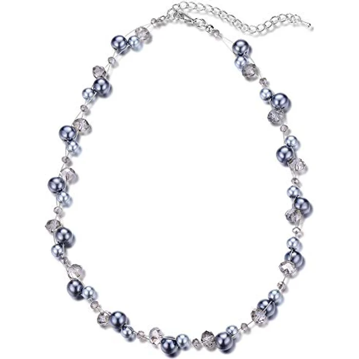 Bulinlin Damen Kristall Perlenkette Silber Boho Statement Choker Halskette, 17-Zoll plus 3-Zoll Verlängerung, grau – Bild 1