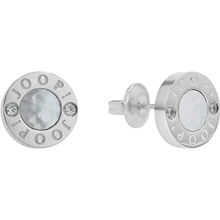 JOOP! Edelstahl Ohrstecker mit Perlmutt und 4 weißen Zirkonia, 10 mm, Weiß, in Schmuck Geschenk Box, 2039777