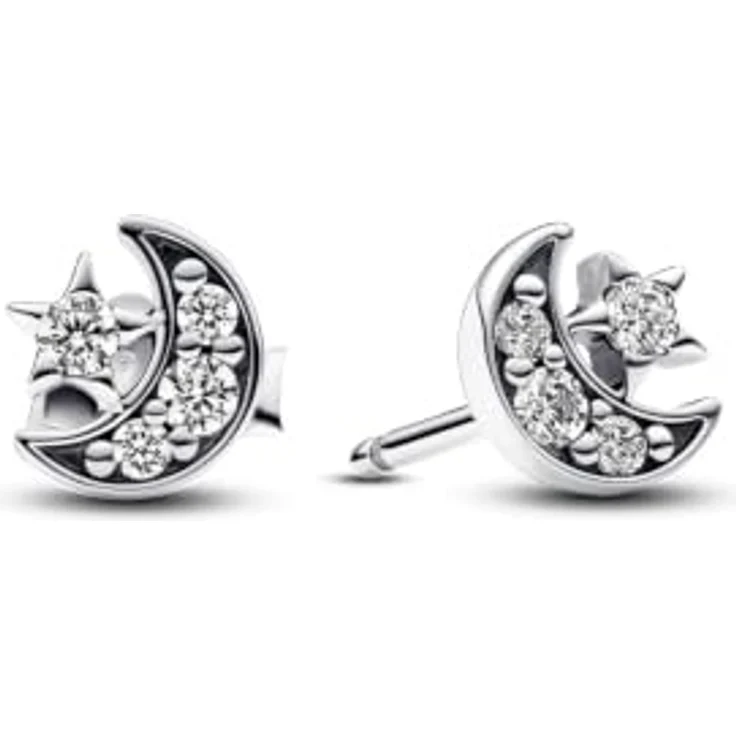Pandora Paar Ohrstecker 292990C01, Silber Ohrringe mit Halbmond und Stern, verziert mit weißen Zirkonia, 7 x 7 mm – Bild 2
