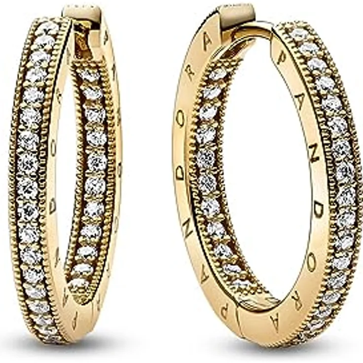 Pandora Creolen Signature 262738C01, goldfarbene Ohrringe mit Zirkoniabesatz und Klappverschluss