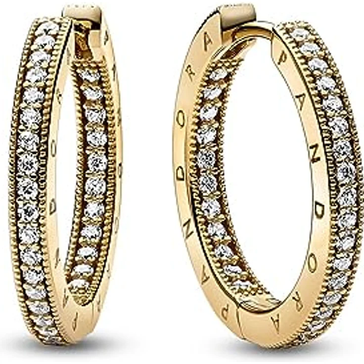 Pandora Creolen Signature 262738C01, goldfarbene Ohrringe mit Zirkoniabesatz und Klappverschluss