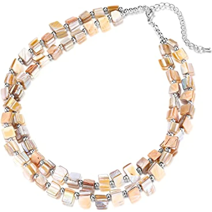 Bulinlin Boho Bunte Perlenkette Damen Muschelkette, 43 cm + 7 cm Verlängerung, handgemacht aus natürlichen Muscheln, sommerlicher Choker für Frauen und Mädchen (Natural) – Bild 1