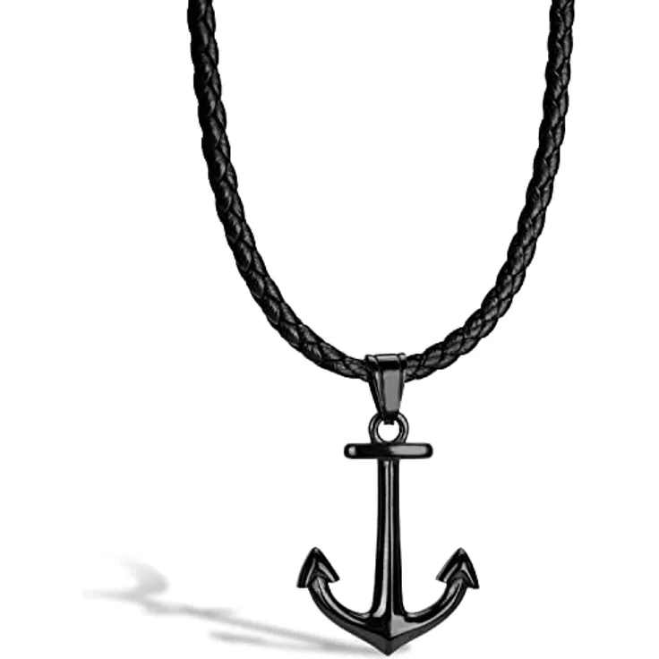 SERASAR Herren Lederkette mit Anker Anhänger, 50cm schwarz, echtes Rindsleder, Schmuckschatulle als Geschenk