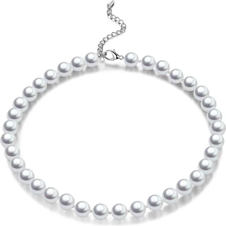 Bulinlin Damen Muschel Perlenkette Boho Choker Halskette mit Silber und 10mm weißen Perlen