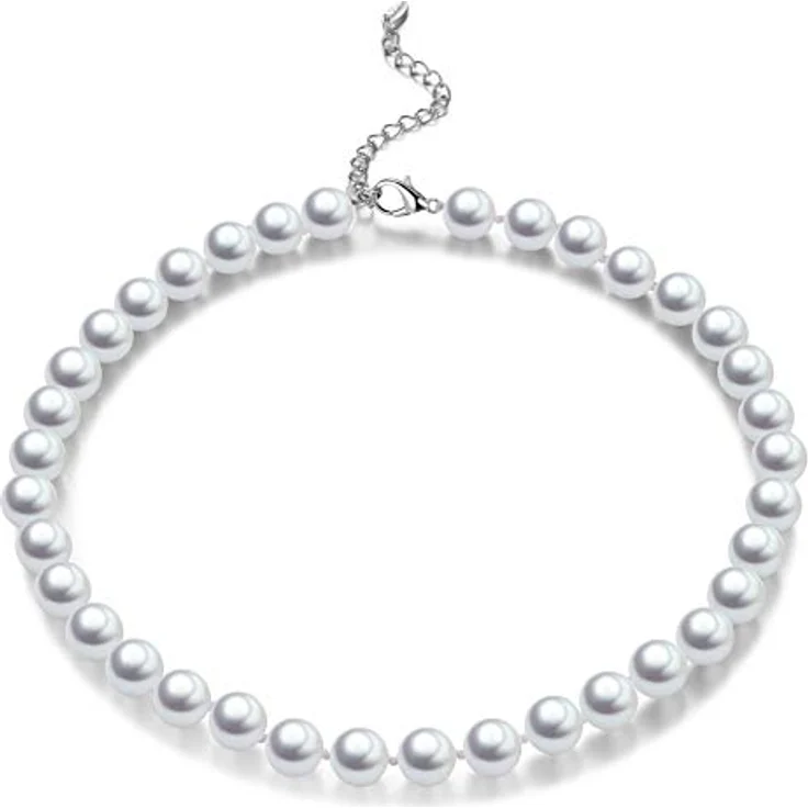 Bulinlin Damen Muschel Perlenkette Boho Choker Halskette mit Silber und 10mm weißen Perlen – Bild 1