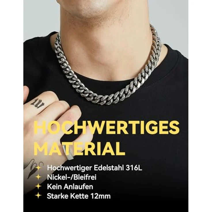ChainsHouse Herren Edelstahl Panzerkette, 61cm Silber, 12mm, antiallergen, robust, Hip Hop Halsreif – Bild 2
