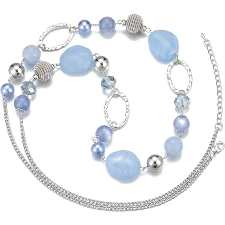 Bulinlin Lange Silber Perlenkette für Damen, Boho Statement Halskette aus Harz- und Metallperlen, 35+3 Zoll, Light Blue – Bild 2