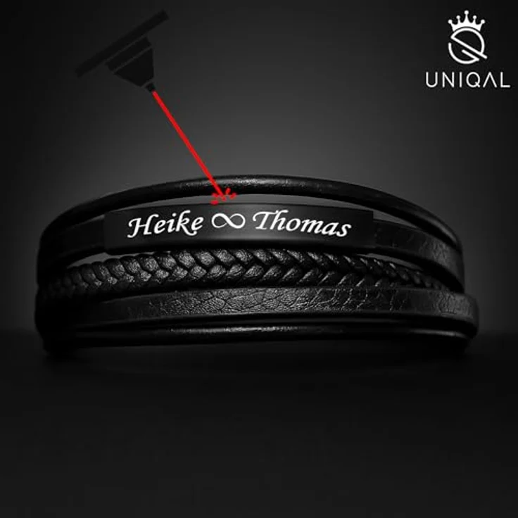 Q UNIQAL STORE GERMANY UNIQAL Personalisiertes Lederarmband mit Gravur "SHAPE" für Herren und Damen, Magnetverschluss, Echtes Rindsleder, Schwarze Platte, 21 cm – Bild 4