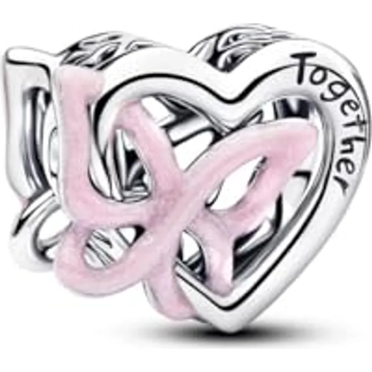 PANDORA Charm Verschlungenes Herz und Schmetterling Anhänger, 925 Sterling Silber mit rosa Emaille und Gravur „Zusammen Wir haben alles“, kompatibel mit Moments, 794475C01