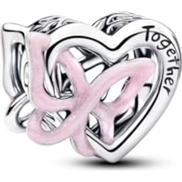 PANDORA Charm Verschlungenes Herz und Schmetterling Anhänger, 925 Sterling Silber mit rosa Emaille und Gravur „Zusammen Wir haben alles“, kompatibel mit Moments, 794475C01 – Bild 1