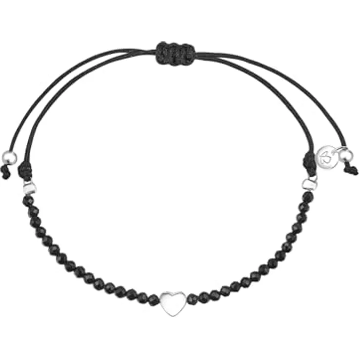 GLANZSTÜCKE MÜNCHEN Damen-Textilarmband schwarz Herz aus rhodiniertem 925er Sterlingsilber mit Spinell-Edelsteinen, längenverstellbar