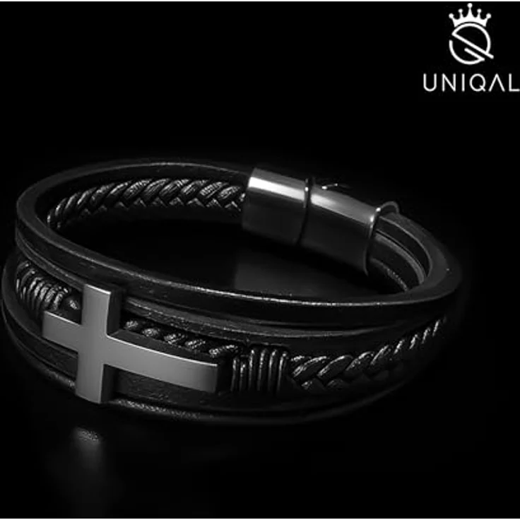 UNIQAL Kreuz Lederarmband Herren „HEAVEN“, Echtleder Armband mit Kreuz, schwarzes Cross Bracelet, verstellbarer Magnetverschluss, Geschenkbox inklusive, 23 cm mit Verlängerung – Bild 2
