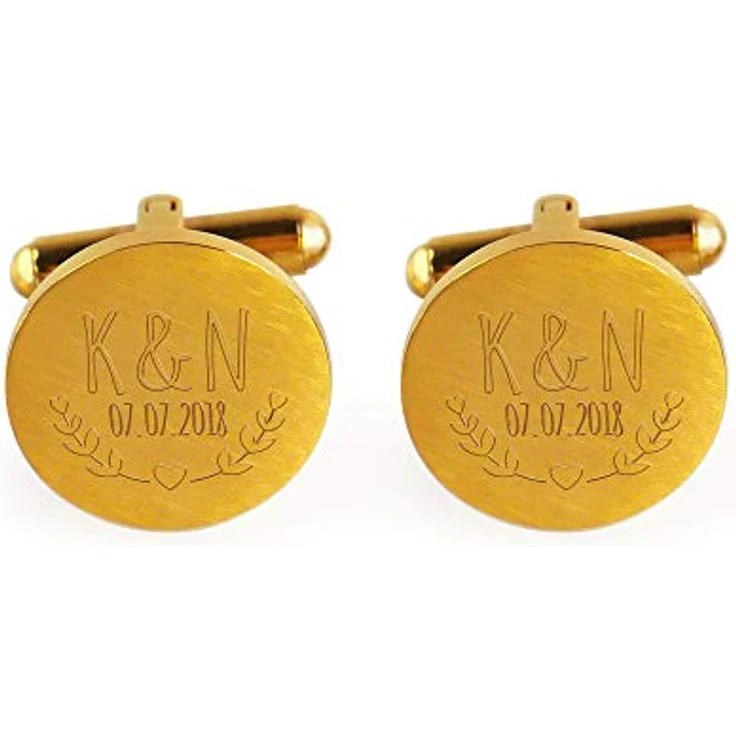 Gravado Mondgold Runde Manschettenknöpfe, Gold-Edelstahl 18K mit Blätter Gravur, personalisiert mit Initialen und Datum, Anzug Accessoires – Bild 2