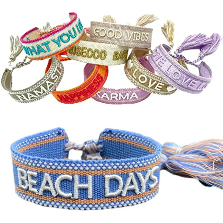 LS-LebenStil Exklusives Statement Armband Beach Days, blau-weiß-orange, 16-20cm, bestickt, Boho Canvas, mit Quasten, gewebt, für Damen, Freundschaftsarmband – Bild 1