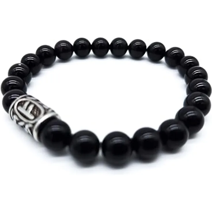 AB Viking Crafts Wikinger Futhark Rune Edelstein Armband aus Schwarzem Obsidian, 18 cm, mit Rune FEHU für Schutz, Glück und Energie in Geschenkbox