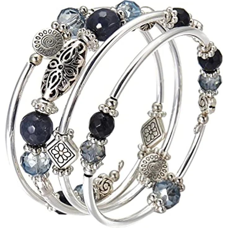FULU AUTUMN Damen Boho Armband, Mehrschichtiges Perlen Wickelarmband mit Silber und Kristallen, blau – Bild 2