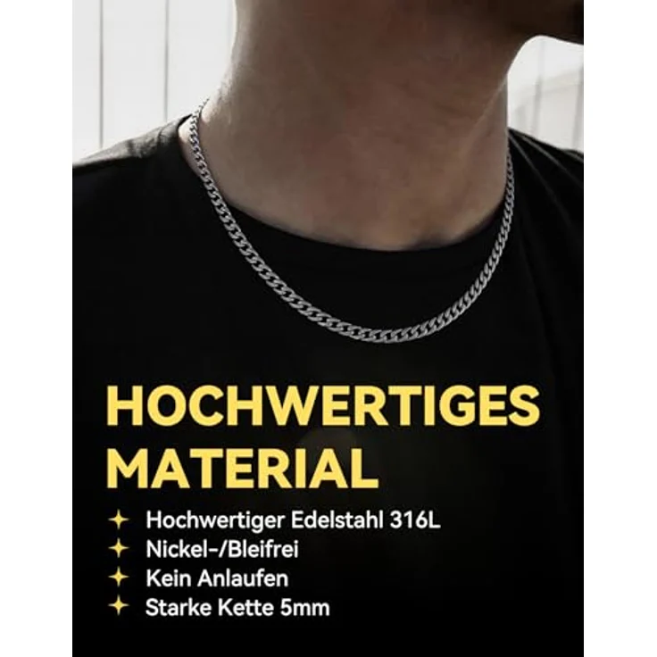 ChainsHouse Herren Halskette, 61 cm Edelstahl Gliederkette 5 mm, kubanische Panzerkette für Hip Hop Stil, antiallergen und rostfrei – Bild 3