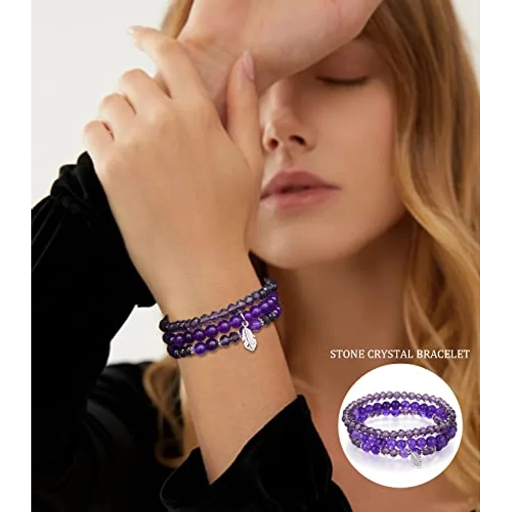 FULU AUTUMN Perlenarmband Set, Mehrschichtiges Stretch Damenarmband aus Amethyst, Handgefertigter Boho Modeschmuck für Mama, Oma und Frauen, Geburtstagsgeschenk – Bild 4