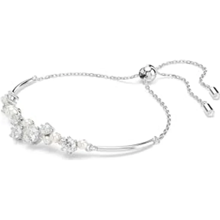 Swarovski Constella Armreif, Rhodinierter Damenarmreif mit weißen Kristallperlen und Zirkonia, Zugmechanismus, 24 cm Länge – Bild 2