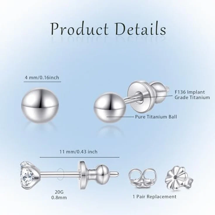 Limerencia G23 Reintitan Ohrringe, hypoallergen mit 4mm kubischen Zirkonia, runde Kugelohrringe für Damen und Teenager – Bild 3