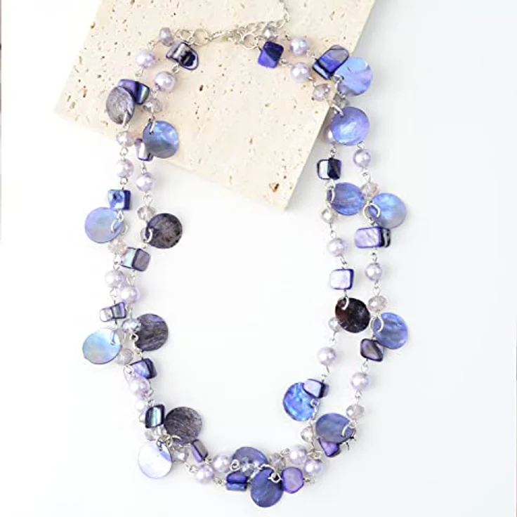 FULU AUTUMN Kristall Perlenkette Boho Muschelkette, mehrreihig, bunt, 18 Zoll + 2,7 Zoll Verlängerung, lila – Bild 5