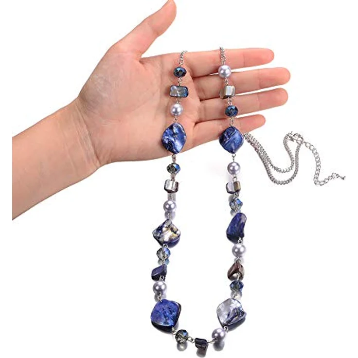 Bulinlin Damen Lange Perlenkette, Boho Silber Metallkette mit Harz- und Glaskristallperlen, 35-Zoll + 3-Zoll Verlängerung, Blau – Bild 2