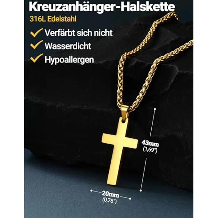 PROSTEEL Edelstahl Kreuz Kette, Halskette mit großem Kreuz-Anhänger 43mm*20mm, Silber/Gold/Schwarz/Roségold, 50cm/55cm verstellbar – Bild 3
